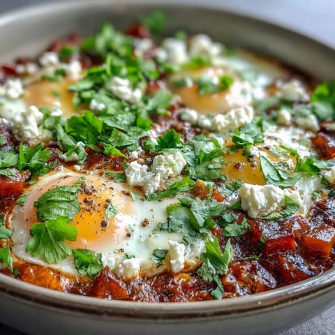 Spicy tomato sauce bubbling in a skillet, a classic Shakshuka Bowl ready for dipping warm pita.