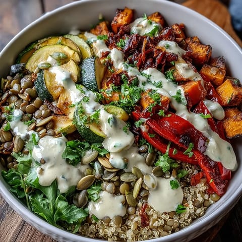 Hearty Lentil Power Bowl featuring tender lentils, grains, and vibrant roasted veggies, topped with fresh parsley and pumpkin seeds.