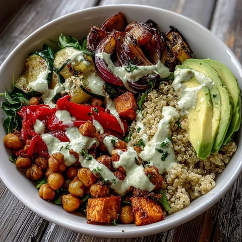A wholesome vegan Roasted Chickpea Power Bowl with quinoa, avocado, and vibrant roasted vegetables for a hearty meal.
