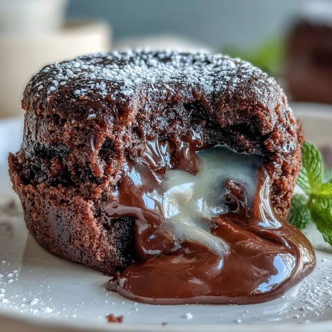 Freshly baked Hojicha Lava Cake releasing a molten roasted green tea ganache center onto a white plate.
