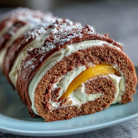 A freshly sliced Hojicha Roll Cake displays a soft, spiraled sponge filled with fragrant hojicha cream and vibrant mango ribbons.