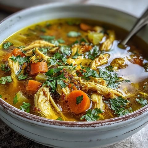Close-up view of tender shredded chicken and vibrant carrots in a warm, healing Anti-Inflammatory Turmeric Chicken Soup.