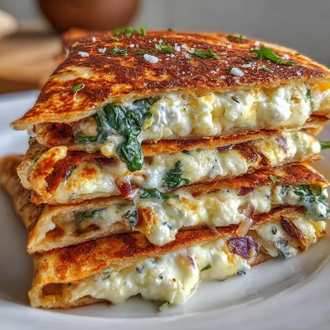 These crispy vegetarian quesadillas, stuffed with spinach and feta, are served warm with a vibrant side salad.