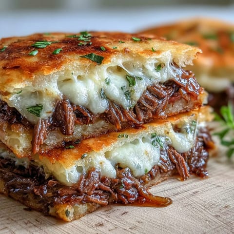 Slow-cooked shredded beef topped with provolone and mozzarella on warm garlic naan, served with a rich beef jus for dipping.