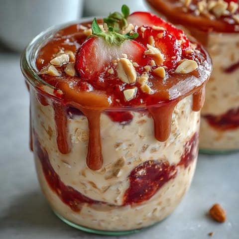 Creamy High-Protein Peanut Butter & Jelly Overnight Oats layered with strawberry jam swirl and peanut butter drizzle in a clear jar.