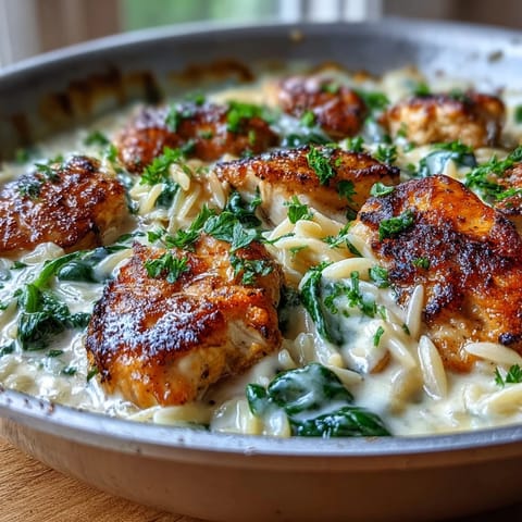 Creamy One-Pot Creamy Garlic Parmesan Chicken Orzo with tender chicken, wilted spinach, and a golden Parmesan sauce in a deep skillet.