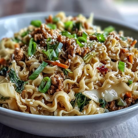 Creamy Potsticker Noodle Stir-Fry features ground turkey and coleslaw mix in a glossy, savory sauce, served steaming hot in a skillet with chopsticks resting on the side.