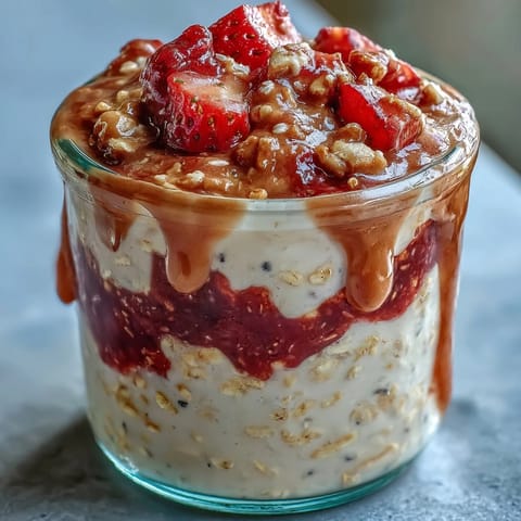 Overnight oats parfait with creamy peanut butter layers and a vibrant strawberry jam swirl.