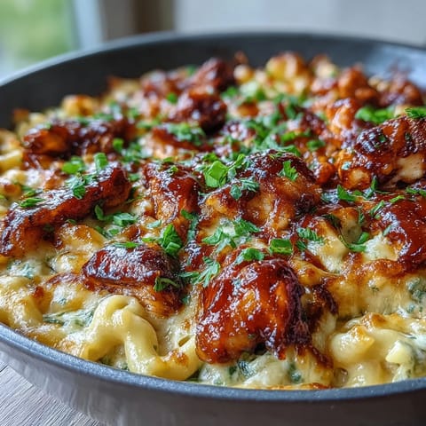 One-pan Sticky Honey BBQ Chicken Pasta Skillet with cheesy macaroni and saucy chicken pieces, garnished with fresh green onions.