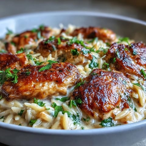 Tender orzo noodles and juicy chicken pieces coated in a velvety garlic Parmesan cream sauce in a skillet.