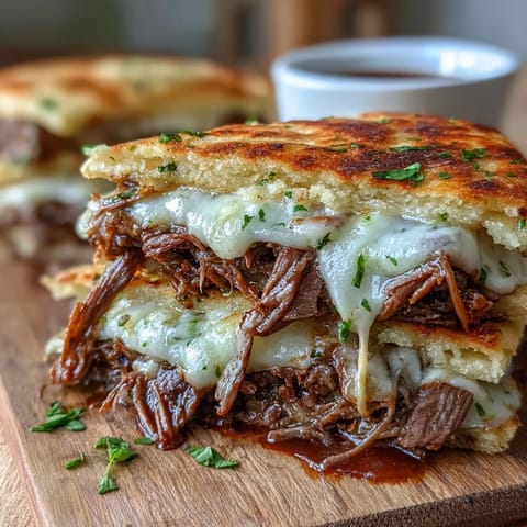 Slow Cooker Beef & Garlic Naan Melt with tender shredded beef and gooey melted cheese.