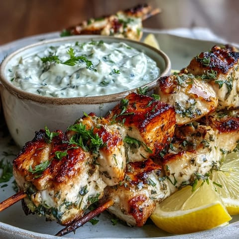 Grilled Light Lemon Herb Chicken Skewers with Tzatziki served on a platter with lemon wedges and fresh dill.
