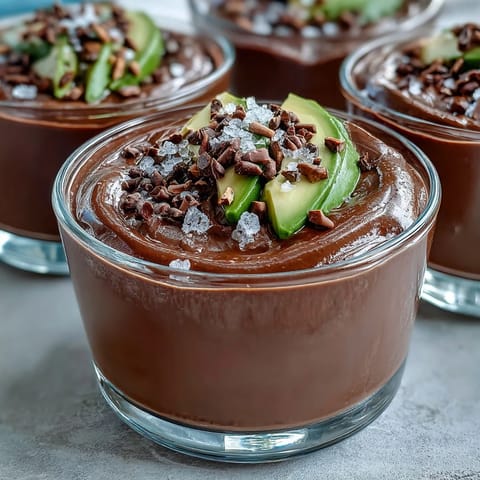 Four glass cups filled with creamy Vegan Chocolate Avocado Mousse, garnished with a Sea Salt Crunch topping and cacao nibs.