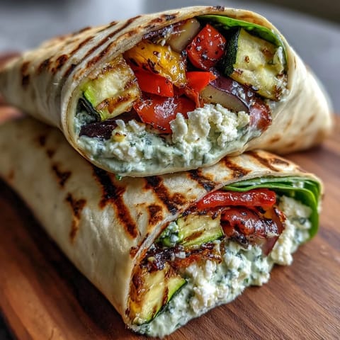 Assembled Mediterranean Grilled Vegetable Wraps with Hummus and Feta, filled with spinach and tomatoes, served on a rustic wooden board.
