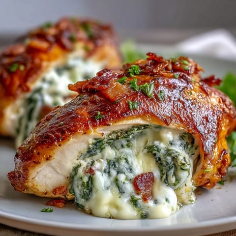 Golden-brown Keto Spinach and Bacon Stuffed Chicken Breasts rest in a baking dish, finished with a glossy garlic butter drizzle.