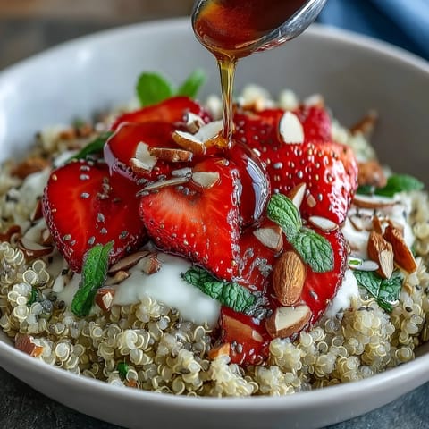 A close-up of a Strawberry Basil Breakfast Quinoa Bowl, topped with sliced berries, fresh basil, and a vegan honey drizzle.