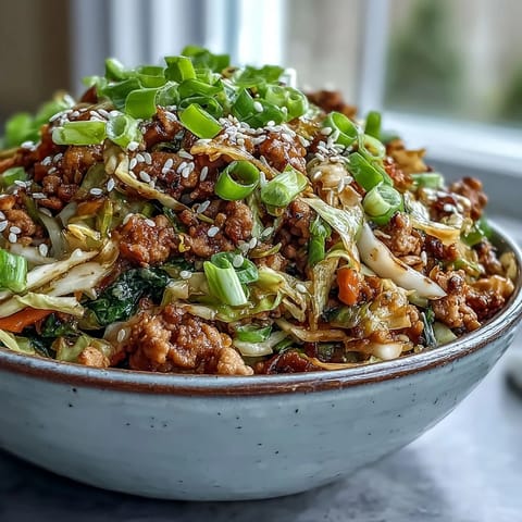 Keto Egg Roll in a Bowl with Ground Turkey sizzling in a skillet with fresh ginger, garlic, and coleslaw mix.