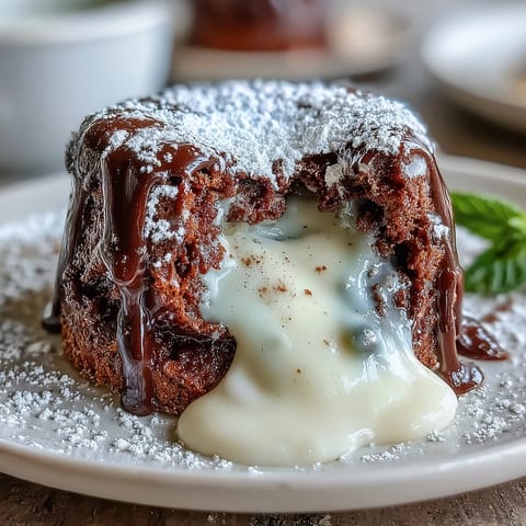 Decadent hojicha white chocolate lava cake with molten center, dusted with powdered sugar and served with fresh berries for a Japanese fusion dessert.