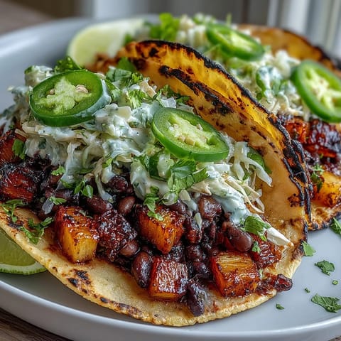 Colorful pineapple black bean tacos topped with crisp cabbage slaw and fresh cilantro for a refreshing plant-based meal.