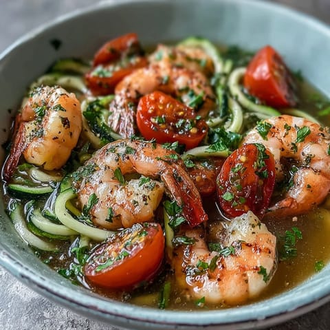 15-Minute Zucchini Noodle Shrimp Bowl with Lemon-Garlic Broth: Vibrant spiralized zucchini and succulent shrimp swim in a zesty lemon-garlic broth, with a sprinkle of red pepper flakes for subtle heat.