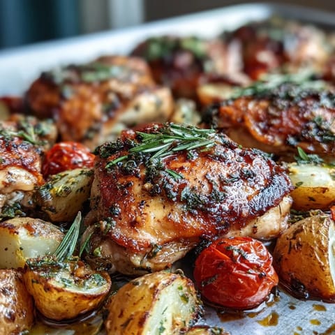 Sheet pan Mediterranean chicken with zucchini and lemon-herb potatoes, roasted to golden perfection with fresh herbs and vibrant vegetables.  
