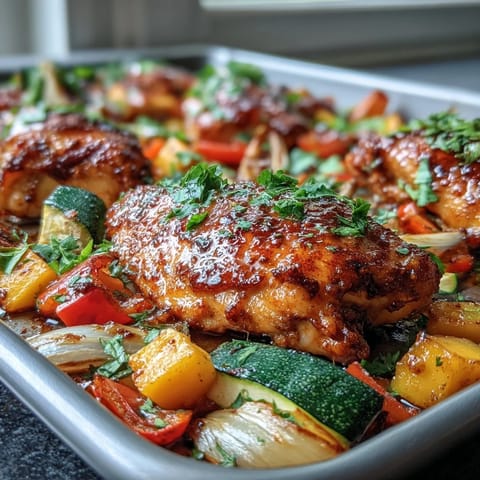 Vibrant one-pan mango chili chicken bake with juicy chicken, colorful peppers, and sweet mango roasted to perfection.