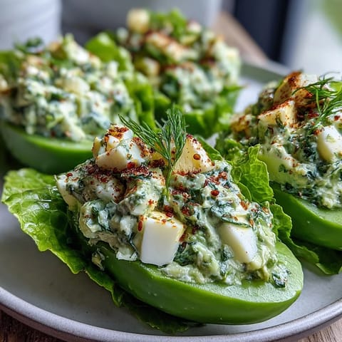 Creamy avocado and egg salad served in crisp lettuce boats, topped with everything bagel seasoning for a fresh keto-friendly lunch.  