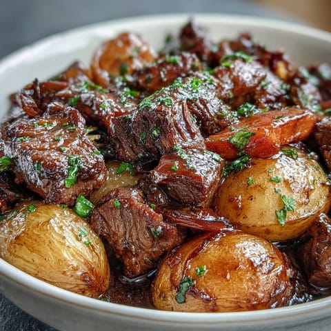 Hearty Japanese Nikujaga stew with tender beef and potatoes in a glossy soy-mirin sauce, perfect for a cozy dinner.  