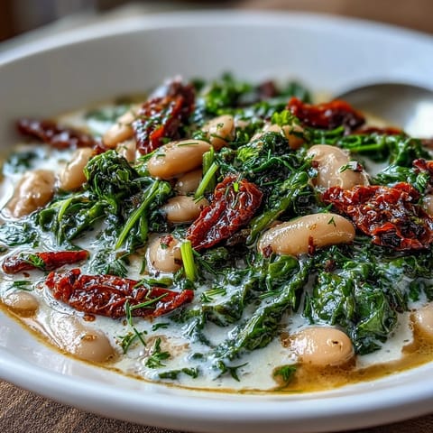 Creamy Tuscan White Bean & Kale Soup with cashew cream and sun-dried tomatoes in a rustic bowl.