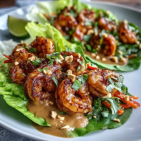 Vibrant shrimp lettuce wraps topped with crunchy vegetables, roasted peanuts, and zesty lime, served with a rich homemade peanut dipping sauce.  