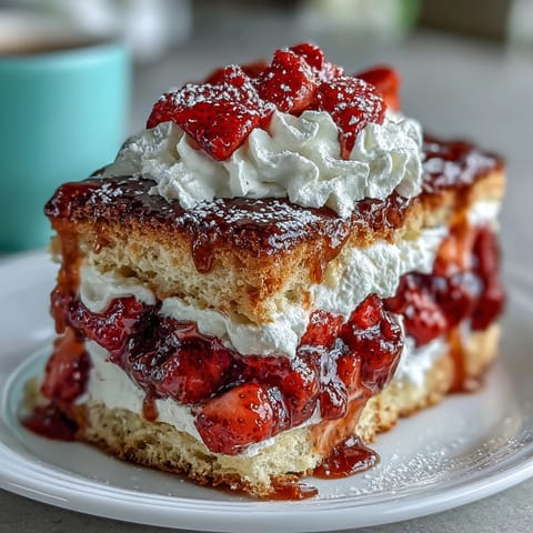 A romantic strawberry shortcake dessert with tender biscuits, juicy macerated strawberries, and fluffy whipped cream, perfect for Valentine's Day celebrations.