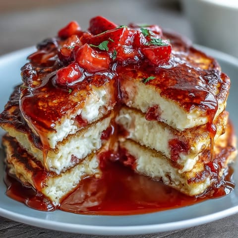 Fluffy cottage cheese pancakes topped with vibrant homemade strawberry syrup, perfect for a protein-packed breakfast.  