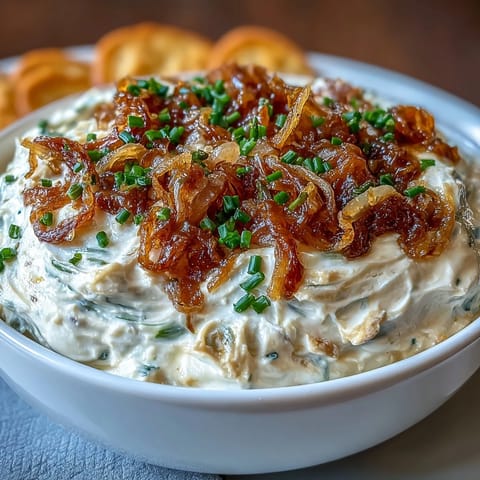 A creamy bowl of caramelized onion dip with sour cream and chives, garnished with fresh herbs and served with crispy potato chips.