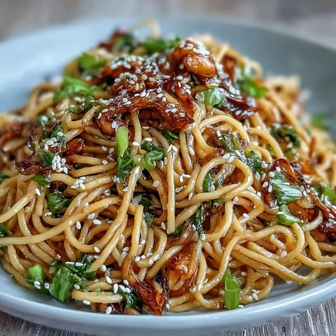 Asian Ginger Scallion Noodles with Soy Glaze: Tender wheat noodles tossed in a savory-sweet soy glaze with fresh ginger, scallions, and a hint of chili for bold flavor.