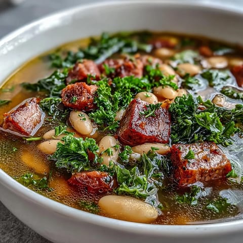 Hearty Ham and Kale White Bean Soup in a rustic bowl, brimming with tender ham, creamy beans, and vibrant green kale in a savory broth.  