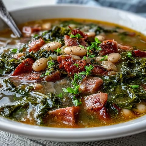 Warm and nourishing Ham and Kale White Bean Soup with diced ham, cannellini beans, and fresh kale, perfect for a comforting winter meal.  