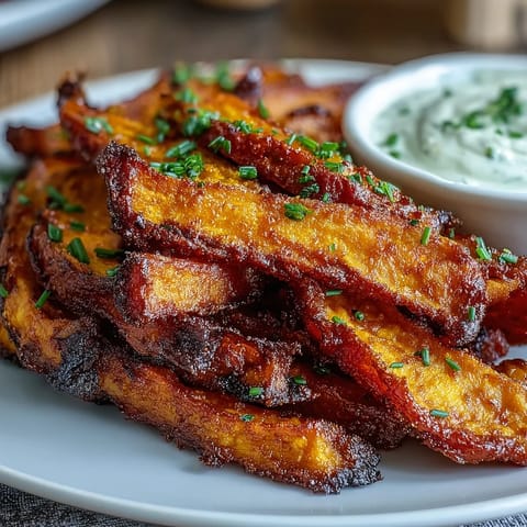 Golden air fryer sweet potato fries served with creamy homemade onion dip for a perfect snack or side dish.  