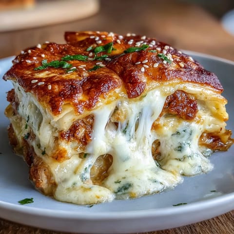Savory dumpling lasagna bake with ground pork and cabbage, featuring tender wrappers, juicy filling, and bubbling mozzarella cheese topping.