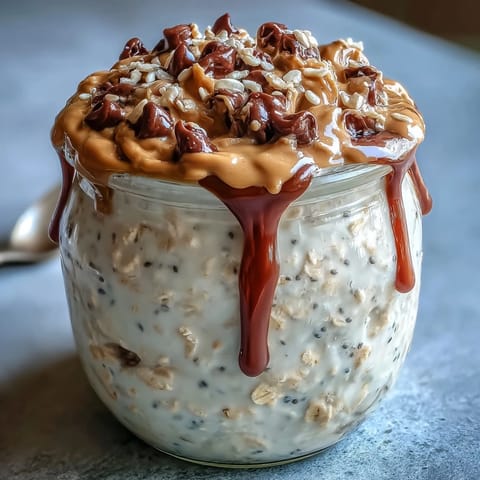 A jar of creamy overnight oats layered with peanut butter, chocolate chips, and a drizzle of honey for a satisfying breakfast.