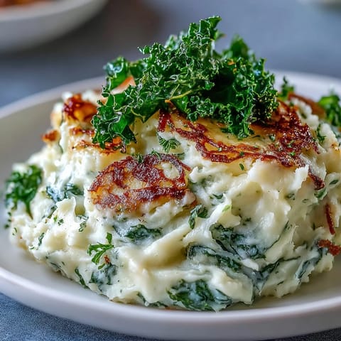 Irish-inspired colcannon mashed potatoes with crispy kale, creamy and buttery with sautéed leeks and golden roasted greens.