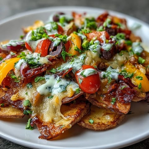 Colorful rainbow veggie Irish nachos with crispy roasted potato rounds, melted cheddar, and fresh toppings, served with creamy Greek yogurt ranch.