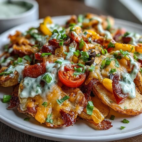 Vibrant Irish nachos featuring golden potato slices loaded with colorful vegetables, melty cheese, and tangy Greek yogurt ranch dressing for dipping.