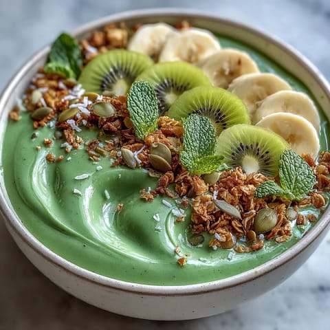 Shamrock Green Smoothie Bowl with Kiwi and Spinach, topped with fresh kiwi slices, granola, and coconut. A vibrant, nutrient-rich breakfast bowl perfect for a healthy start.