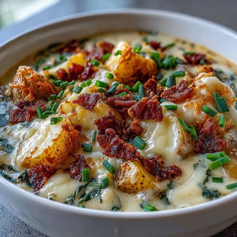 Creamy St. Patricks Day loaded baked potato soup with crispy bacon, green onions, and melted cheddar in a hearty bowl.