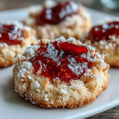 Soft shortbread cookies filled with vibrant strawberry jam, ideal for easy entertaining and sweet treats.  