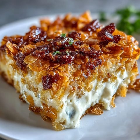 Cheesy potato casserole topped with crunchy cornflake and cheddar crust, a comforting side dish for potlucks and holidays.