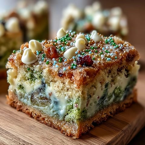 Vibrant St. Patrick's Day rainbow cookie bars topped with colorful sprinkles and white chocolate chips, baked to golden perfection for a festive dessert.