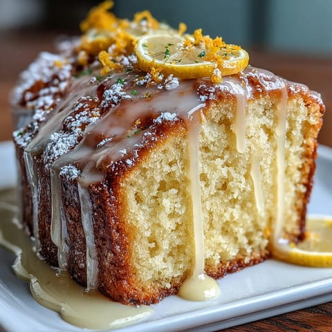 A golden Limoncello pound cake with lemon glaze, topped with fresh lemon zest for a bright, citrusy finish.