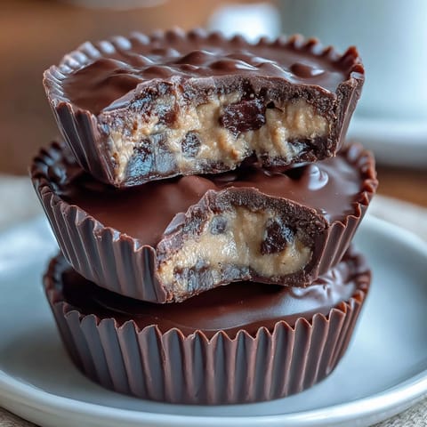 Decadent homemade dark chocolate peanut butter cups with creamy filling, perfect for indulgent snacking or dessert platters.