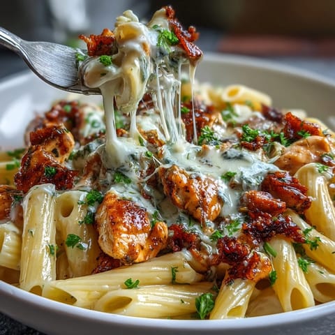Creamy Crockpot Mississippi Chicken Pasta in a rich, tangy sauce with tender shredded chicken and pepperoncini.